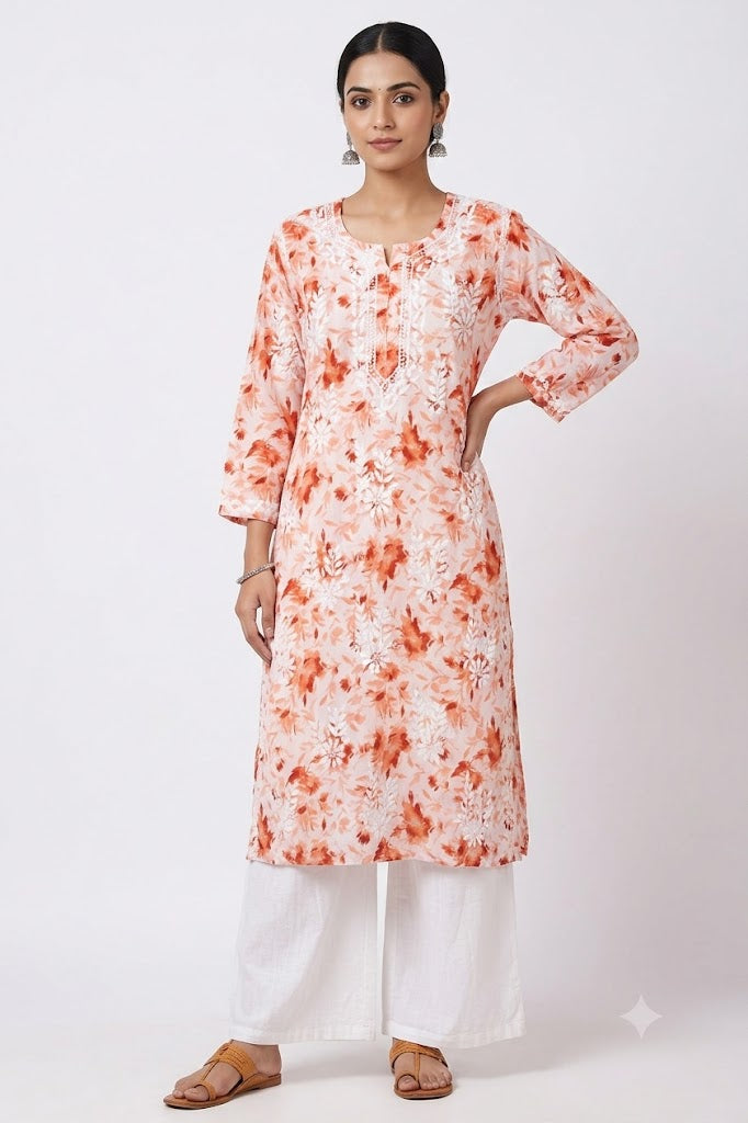 SABA ORANGE MULMUL PRINTED LONG KURTA