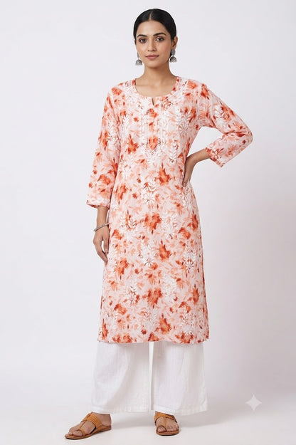SABA ORANGE MULMUL PRINTED LONG KURTA