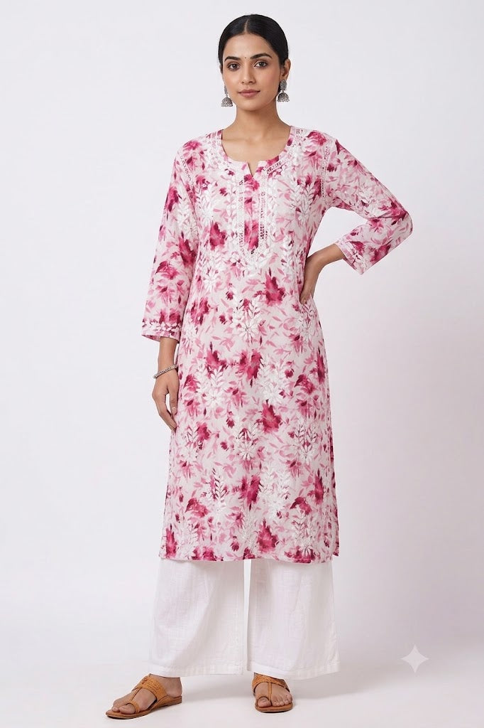 SABA PINK MULMUL PRINTED LONG KURTA