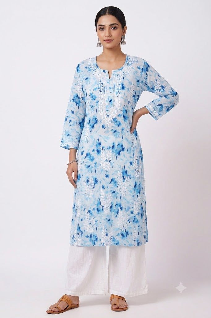 SABA ICE BLUE MULMUL PRINTED LONG KURTA