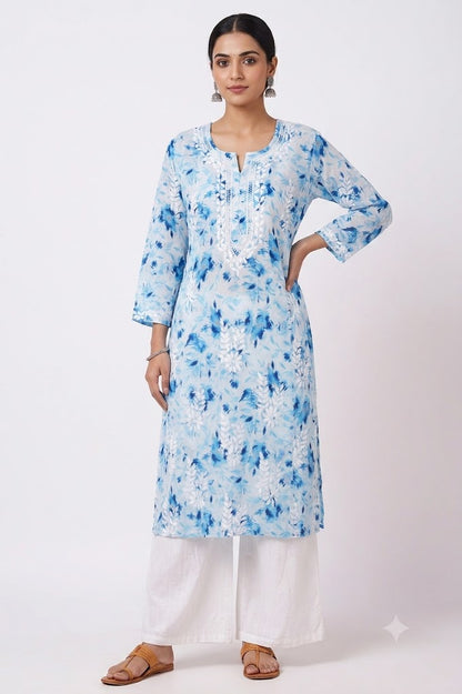 SABA ICE BLUE MULMUL PRINTED LONG KURTA