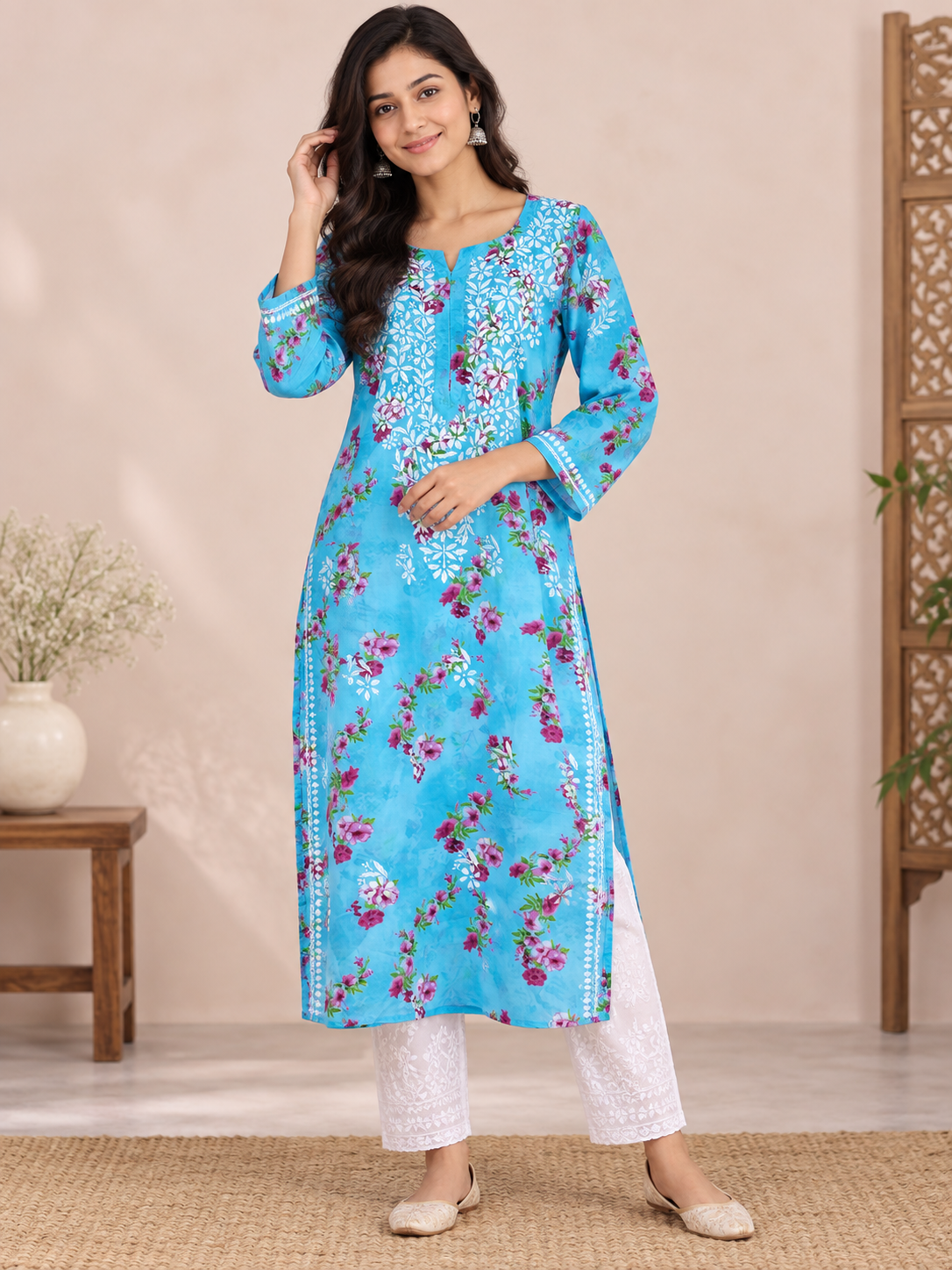 SANIA AQUA BLUE LONG MULMUL KURTA