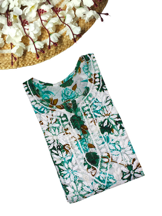 AMEERA GREEN MULMUL PRINTED LONG KURTA