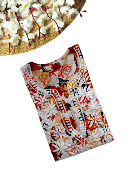 AMEERA ORANGE MULMUL PRINTED LONG KURTA