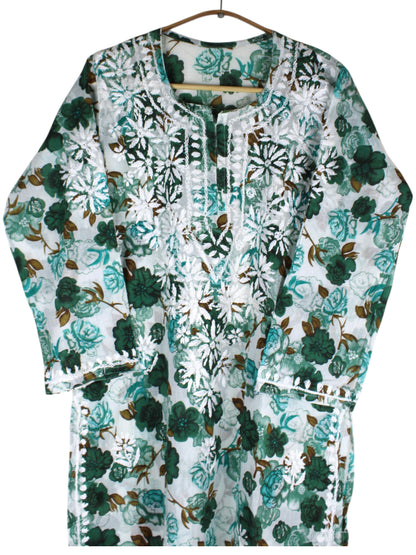 AMEERA GREEN MULMUL PRINTED LONG KURTA
