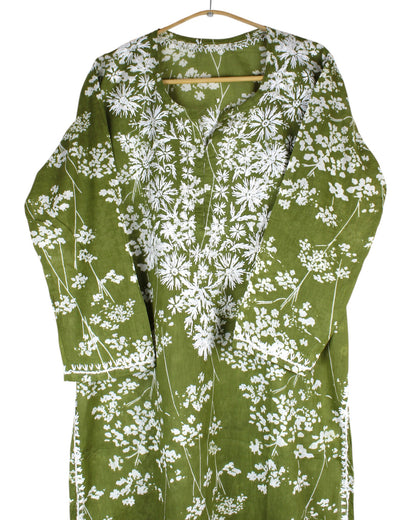 HUBA MEHENDI GREEN MULMUL PRINTED LONG KURTA
