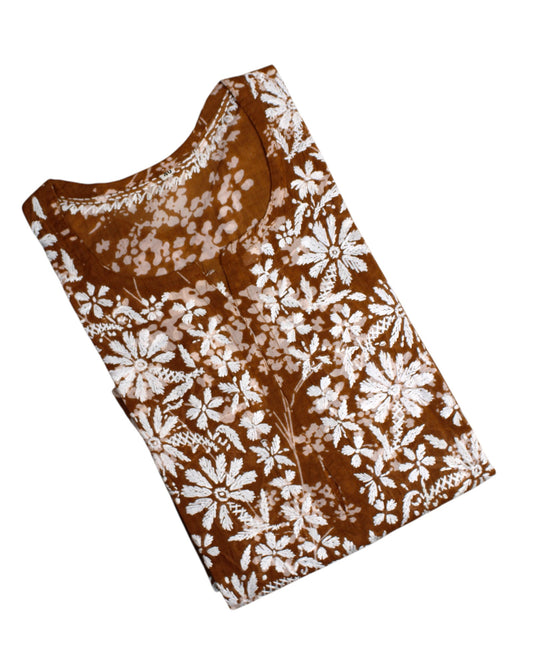 HUBA TAN BROWN MULMUL PRINTED LONG KURTA