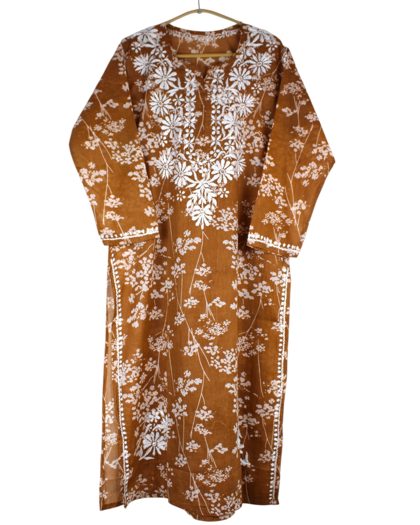 HUBA TAN BROWN MULMUL PRINTED LONG KURTA