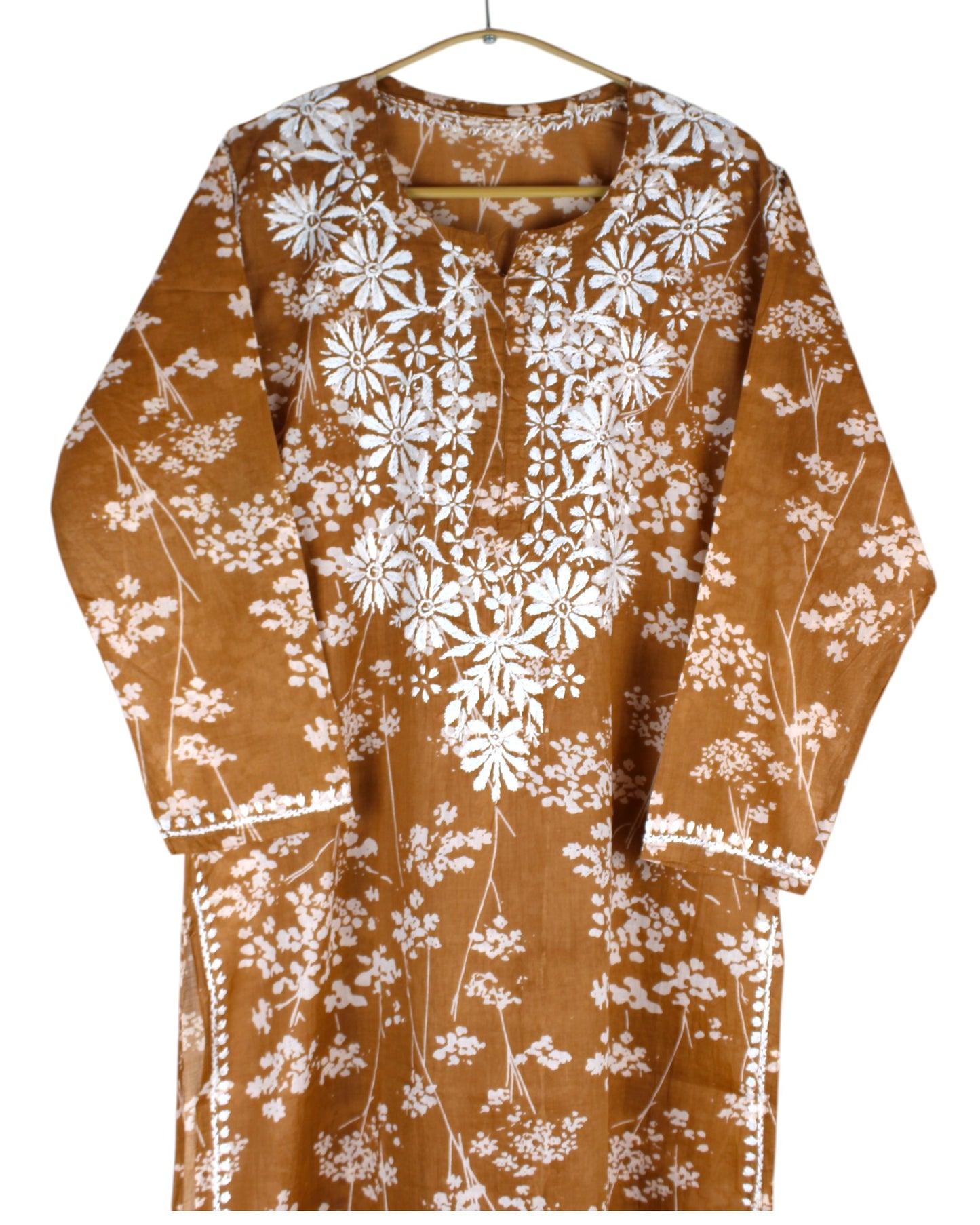 HUBA TAN BROWN MULMUL PRINTED LONG KURTA