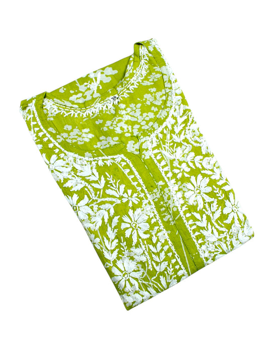 HUBA LIME GREEN MULMUL PRINTED LONG KURTA