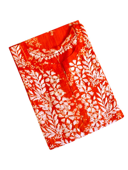 HUBA ORANGE MULMUL PRINTED LONG KURTA