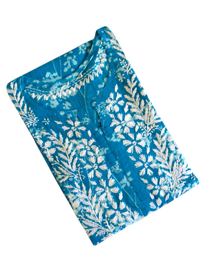 HUBA BLUE MULMUL PRINTED LONG KURTA