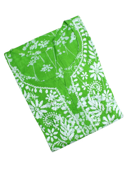 HUBA PARROT GREEN MULMUL PRINTED LONG KURTA