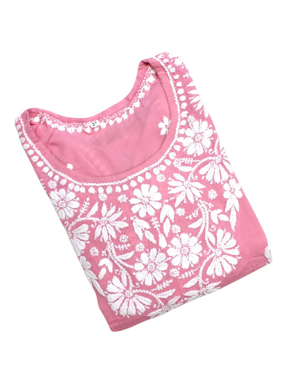 YUSRA POWDER PINK MODAL LONG KURTA WITH 3D CHIKANKARI