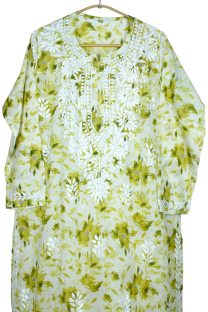 LAIBA OLIVE LONG MULMUL KURTA WITH PALAZZO SET