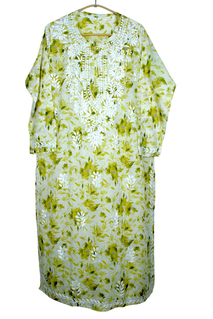 LAIBA OLIVE LONG MULMUL KURTA WITH PALAZZO SET