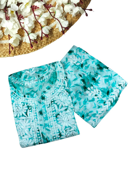 LAIBA GREEN LONG MULMUL KURTA WITH PALAZZO SET