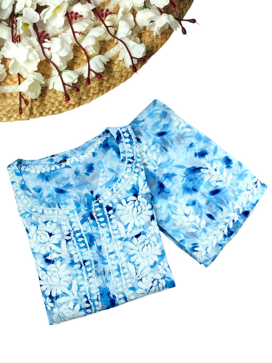 LAIBA ICE BLUE LONG MULMUL KURTA WITH PALAZZO SET