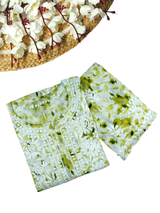 LAIBA OLIVE LONG MULMUL KURTA WITH PALAZZO SET