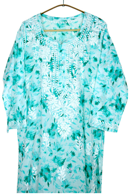 LAIBA GREEN LONG MULMUL KURTA WITH PALAZZO SET